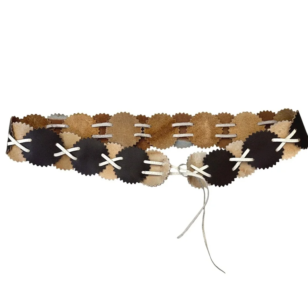Vintage 1970s Leather Disc Belt Boho Hippie Festival Tie Waist Belt Earth Tones